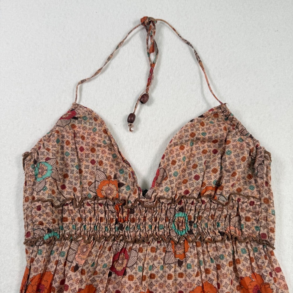 Y2K Bershka Orange Floral Paisley Halter Top Smocked Cotton Boho Womens Medium - Picture 2 of 9